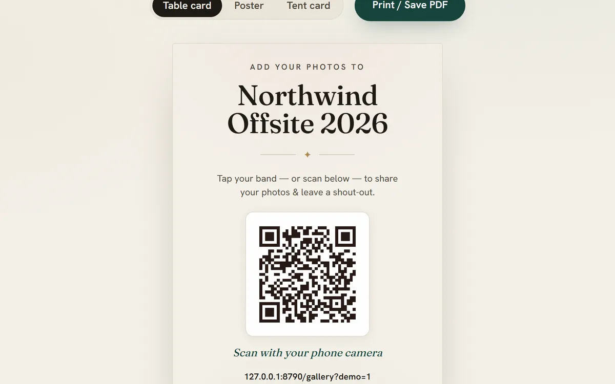 A printable table card attendees scan to add their photos