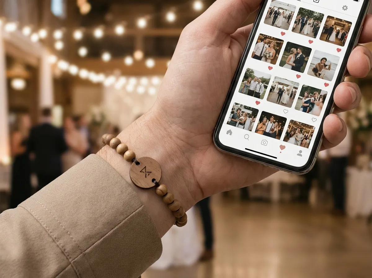 A phone showing a branded event photo album opened by tapping a Wearable Events band