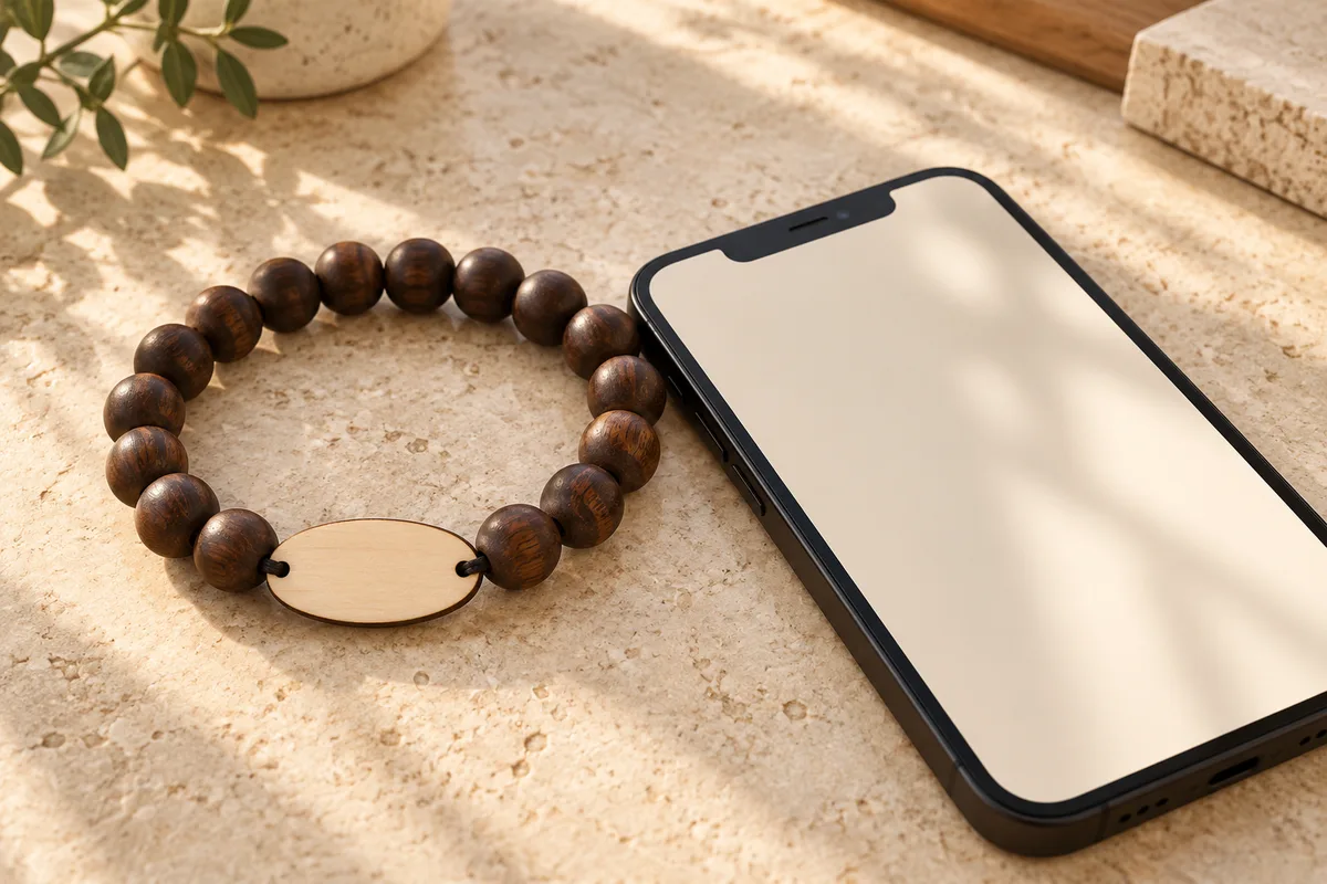 Illustration of the top of a smartphone beside a bead on a wooden bracelet, away from its blank wood tag